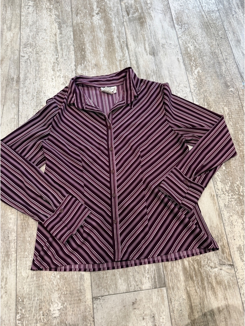 Fred David Stretch Size L Burgundy Stripe Button Blouse Y2K
